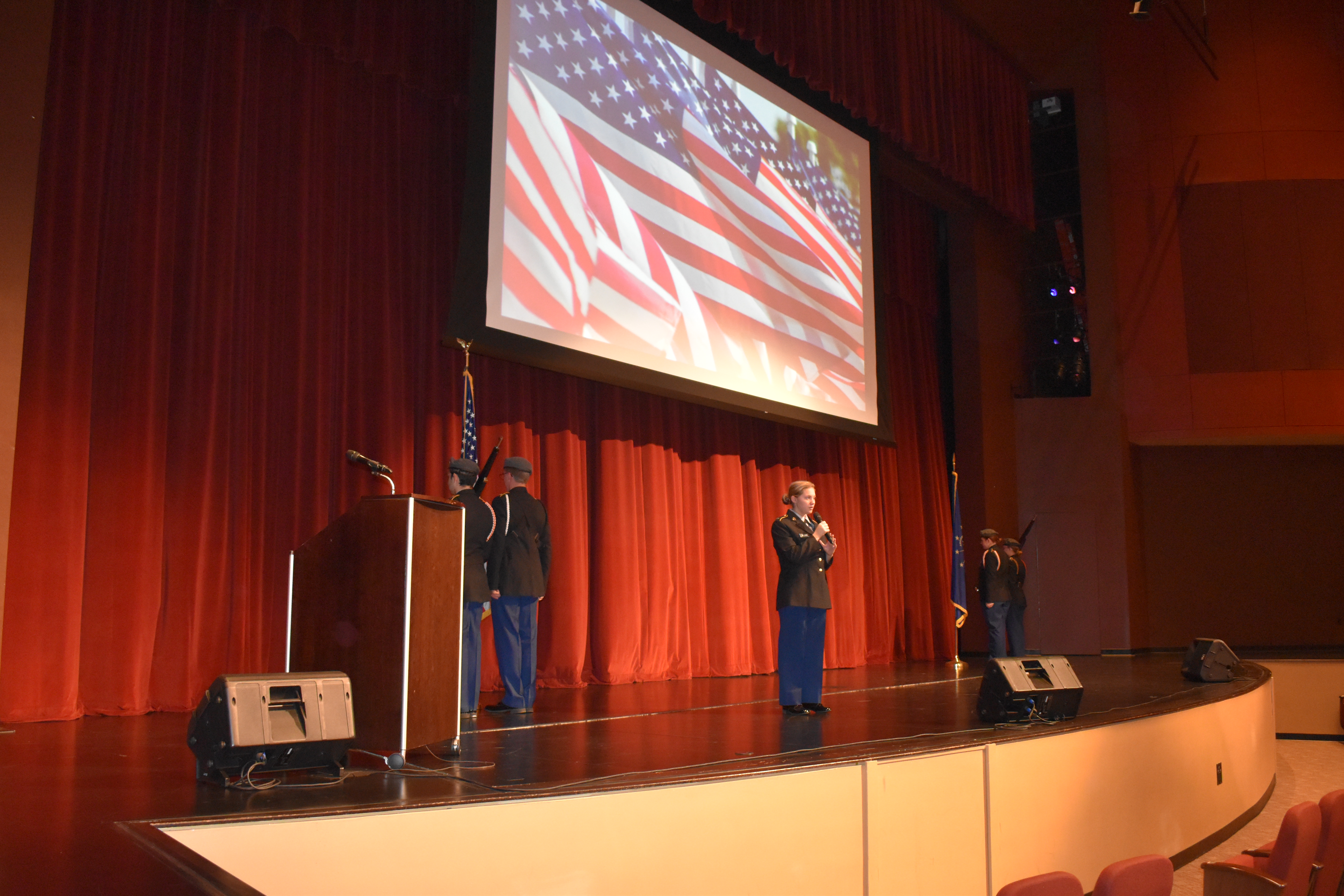 Students post the colors at a Veterans Day Program in the Red Skelton Performing Arts Center on the Vincennes Campus.
